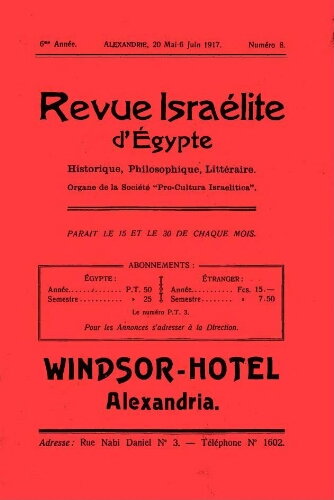 Revue israélite d'Egypte. Vol. 6 n°8 (20 mai - 6 juin 1917)